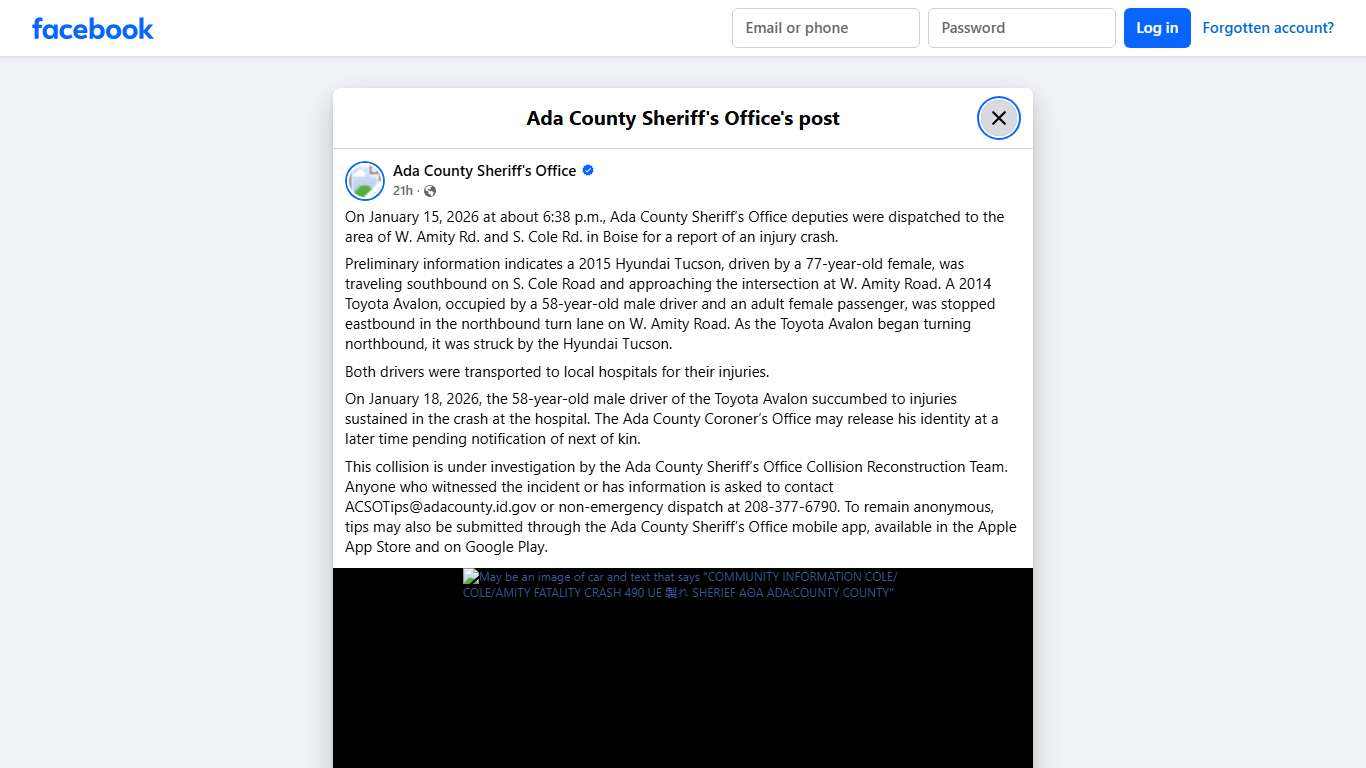 On January 15, 2026 at about... - Ada County Sheriff's Office | Facebook